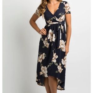 pink blush navy high low maternity dress